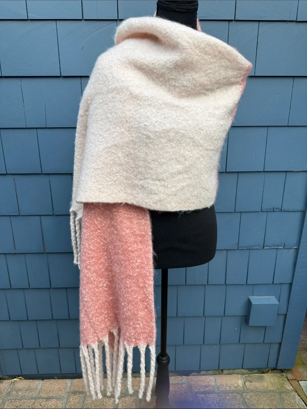 Anthropologie Two-Tone Pink & Cream Fringe Wrap blanket Scarf soft